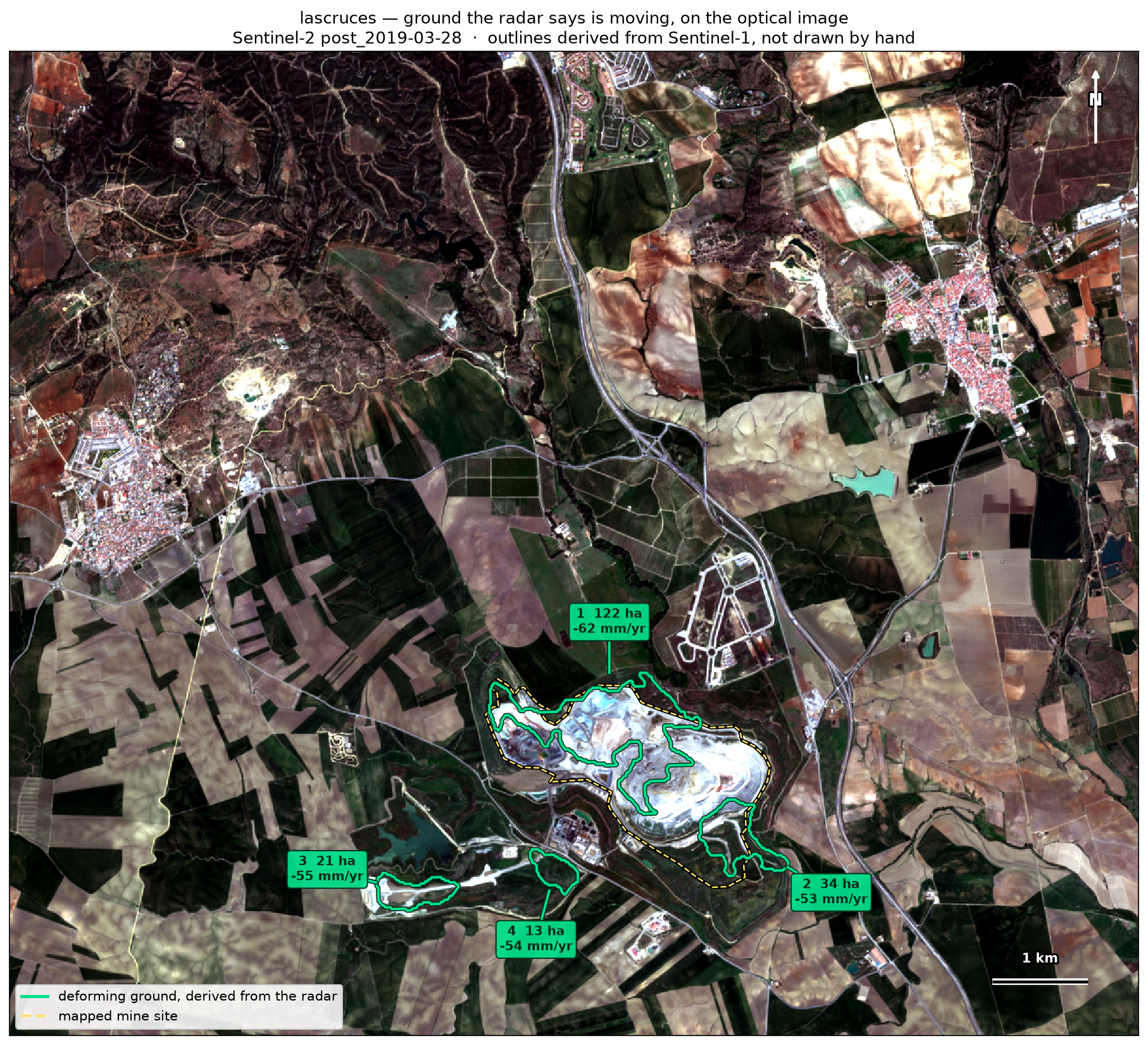 Cobre Las Cruces optical context with four radar-derived moving-area outlines