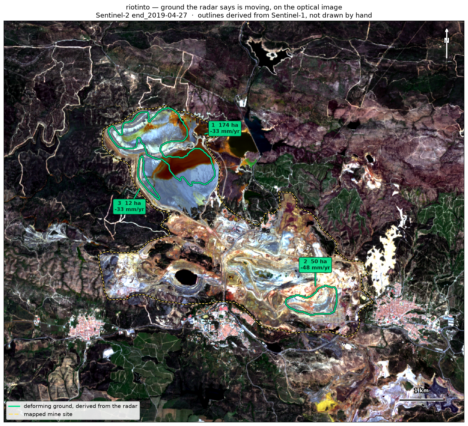Riotinto optical context with three radar-derived moving-area outlines