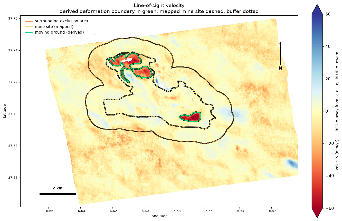 Riotinto line-of-sight velocity map with radar-derived moving-area outlines